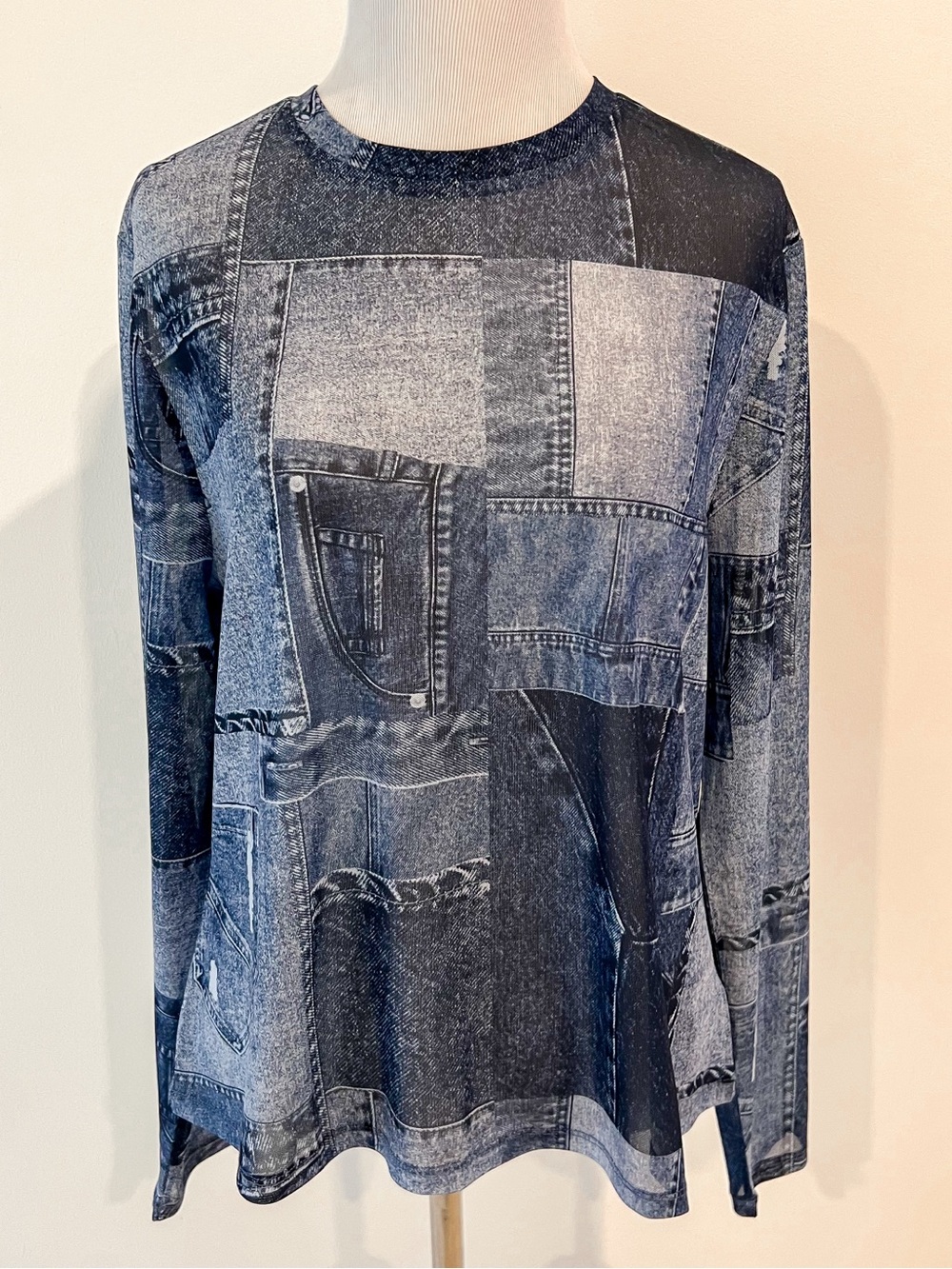 NWT Nina Parker Denim Patchwork Print Long Sleeve Crewneck Mesh Shirt 1X
